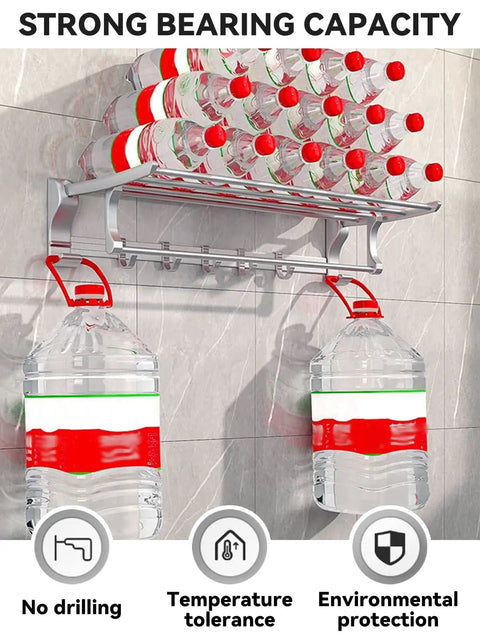 Wall-mounted storage rack showcasing strong bearing capacity with multiple water bottles for kitchen organization.