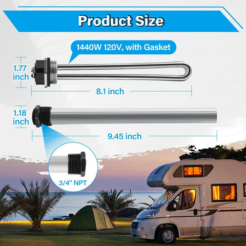 RV Water Heater Maintenance Kit With 9.25 Inch Magnesium Anode Rod And 520900 Electric Heating Element, size details.