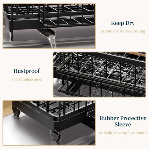 Auto Draining Sponge Holder For Kitchen Sink With Detachable Rack And High Brush Holder, Black, Rustproof 304 Stainless Steel, Keeps Countertop Dry, Rubber Protective Sleeve