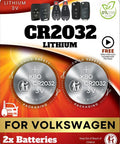 Product packaging for Key Fob Battery Replacement Kit Two Pack CR2032 For Atlas Jetta Tiguan Golf Arteon Passat and more, including safety instructions.
