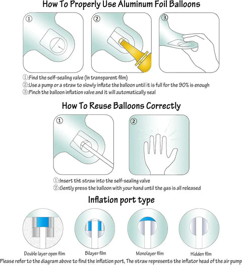 How to use and reuse instructions for aluminum foil balloons, part of Red White Blue Balloon Garland Kit 131PCS Patriotic Party Supplies.