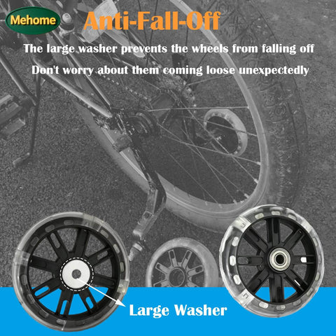 Heavy Duty Training Wheels For 12 To 20 Inch Kids Bikes Universal Fit For Single Speed Bicycles Easy Install With A Stable, Safe Ride For Beginners Black, showing close-up of anti-fall-off wheel design with large washer for secure fitting.
