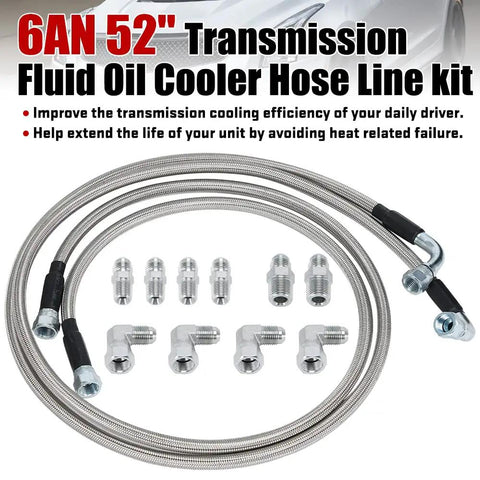 Killer 6AN Transmission Cooler Hose Kit 52 Inch Stainless Steel Braided PTFE Oil Lines set with fittings and connectors.