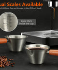 Barista-Grade Stainless Steel Espresso Shot Cup With Handle, V-Shaped Spouts Measuring Cup, 3.4 oz 100 ml shown with dual scales.