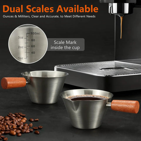 Barista-Grade Stainless Steel Espresso Shot Cup With Handle, V-Shaped Spouts Measuring Cup, 3.4 oz 100 ml shown with dual scales.