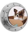 Stainless Steel Kitchen Timer With Magnetic Base, Compact 3.1 Inch Dial featuring a dog in a box, countdown timer for cooking and tasks