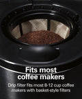 Permanent Gold Coffee Filter For Most 8 To 12 Cup Basket Coffee Makers with ground coffee inside basket-style brewer.
