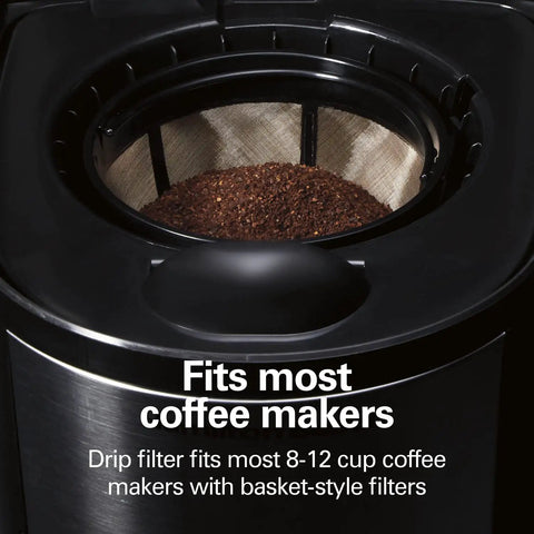 Permanent Gold Coffee Filter For Most 8 To 12 Cup Basket Coffee Makers with ground coffee inside basket-style brewer.