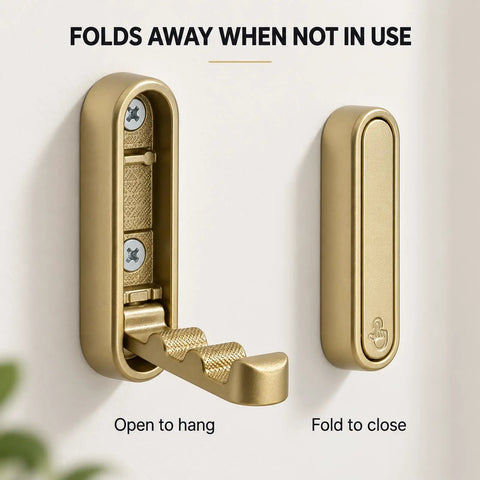 Big Shot Heavy Duty Foldable Wall Hooks Built From Tough Zinc Alloy Featuring A Clean Gold Tone for easy folding use.