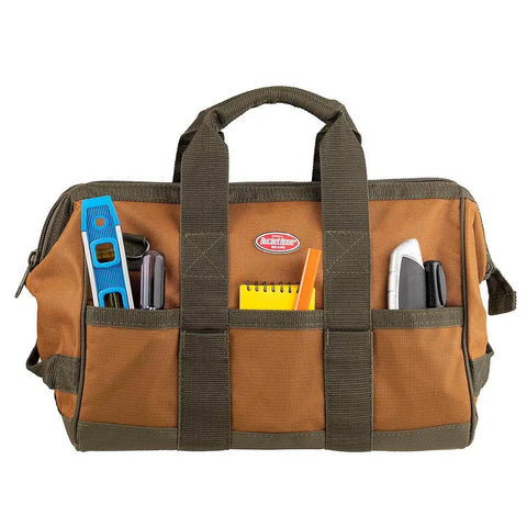 Gatemouth 16 Pocket Tool Bag With Wide Zippered Opening 15 Liter Capacity Brown Heavy Duty Tool Organizer With tools visible