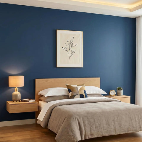 Bedroom with Navy Blue Peel And Stick Wallpaper Matte Finish Self-Adhesive Vinyl Contact Paper For Walls, framed art above bed.