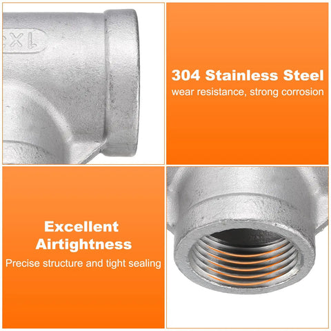 Close-up of HARFINGTON Tee Pipe Fitting (3/4" x 1" x 1") NPT Female 304 Stainless Steel showing material quality and airtightness.