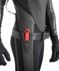 Samurai Underwater Dive Knife with 2.7-Inch Tempered Stainless Blade, 5.9-Inch Overall, secured on diver's belt with red handle