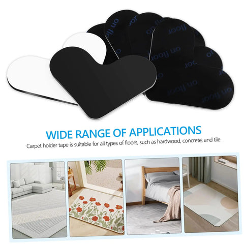 4 Pack Heart Shape Non Slip Rug Pads For Hardwood Floors And Tiles, Washable Carpet Stickers, shown with various floor applications.