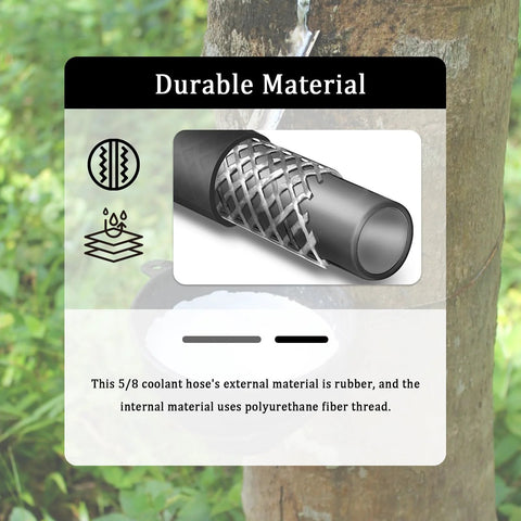 Close-up view of heater hose, 5/8 in ID, rubber exterior with braided polyurethane interior reinforcement for coolant.