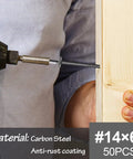 Heavy Duty 14X6 Inch Wood Screws 50 Pack TStar Drive showing installation into wood with drill and anti-rust coating.