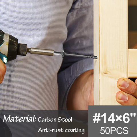 Heavy Duty 14X6 Inch Wood Screws 50 Pack TStar Drive showing installation into wood with drill and anti-rust coating.