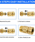 Four-step installation of Solid Brass Garden Hose Quick Connectors Kit With Three Quarter Inch GHT Thread, illustrating usage sequence.