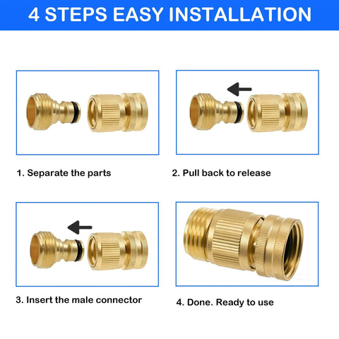 Four-step installation of Solid Brass Garden Hose Quick Connectors Kit With Three Quarter Inch GHT Thread, illustrating usage sequence.