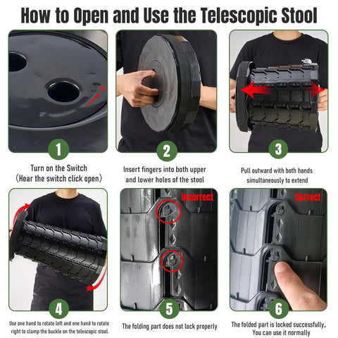 Instructions for using Ultra Sturdy Foldable Stool for Outdoor Adventures Portable Collapsible Chair with images showing setup process