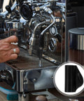 Barista using steam wand with Steam Wand Rubber Insulation Sleeve For Espresso Machine Heat Resistant Cover, inset view