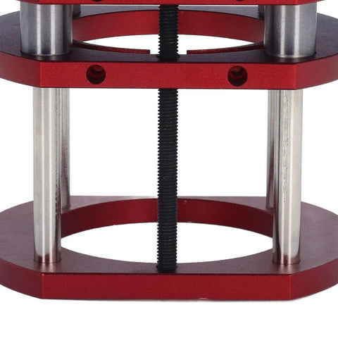Dead On Aluminum Router Table Insert Plate That Clicks Securely Into Woodworking Rigs Matching Sixty Four To Sixty Five Mm Motors And Dishing Out Fifty One Mm Lift Stroke In Bold Blue, red support structure details.