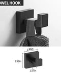 All In One 5 Piece Matte Black Stainless Steel Bathroom Hardware Set towel hook shown with towel and dimensions displayed