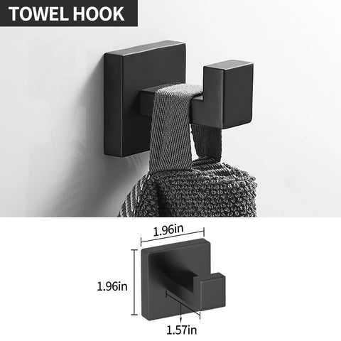 All In One 5 Piece Matte Black Stainless Steel Bathroom Hardware Set towel hook shown with towel and dimensions displayed