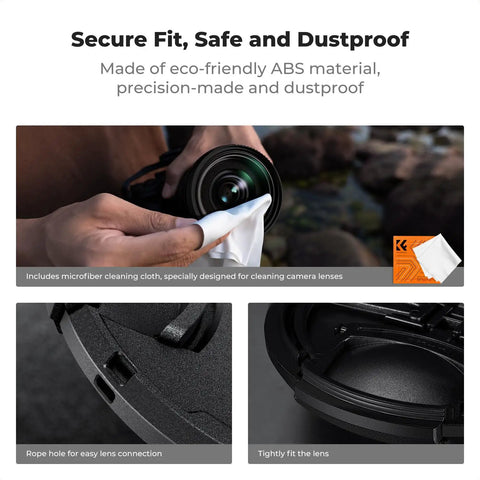 4 In 1 Center Pinch Lens Cap Kit With Anti Loss Keeper Leash And Microfiber Cloths For 49mm Lenses, easy lens cleaning