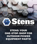 Front view of Stens branding banner with hexagon pattern and slogan: Your one-stop-shop for outdoor power equipment parts.