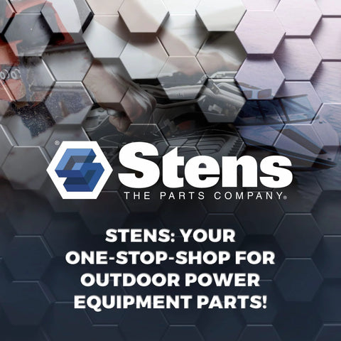 Front view of Stens branding banner with hexagon pattern and slogan: Your one-stop-shop for outdoor power equipment parts.