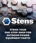 Stens logo and text promoting outdoor power equipment parts on a hexagonal pattern background.