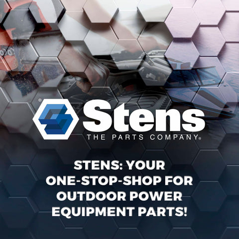 Stens logo and text promoting outdoor power equipment parts on a hexagonal pattern background.