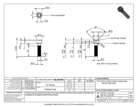 Heavy Duty Grade 2 Titanium M10 X 1.5 X 40Mm Socket Head Cap Screws Pack Of 5 Polished Fasteners detailed dimensions drawing.