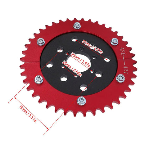 Heavy Duty Split Sprocket Hub Adapter Fits Baja Massimo Mini Bike Go Kart 42 Tooth Gear with detailed measurements.