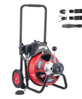 Auto Feed Drain Cleaner On Wheels With 100 Ft Cable For 2 To 6 Inch Pipes, Portable Sewer Snake Auger with cutters visible