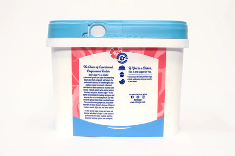 Back view of Ultrafine Granulated Baker's Sugar Two Pack 3.5 Lb Easy Baking Tub with blue lid and detailed label.