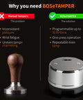Comparative image of a manual tamper and a BOSeTAMPER, showcasing the features of Top Shelf Automatic Espresso Tamper Designed To Hit Different On Every Shot.