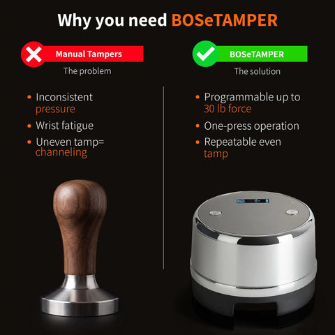 Comparative image of a manual tamper and a BOSeTAMPER, showcasing the features of Top Shelf Automatic Espresso Tamper Designed To Hit Different On Every Shot.