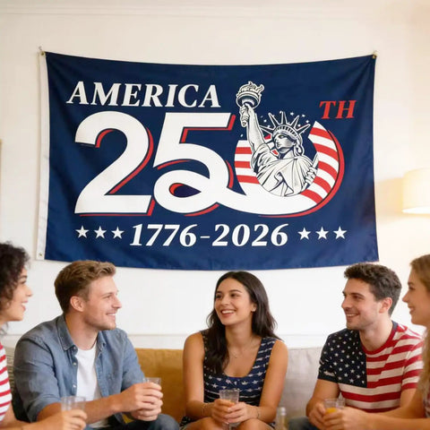 Group seated indoors with 250th Anniversary American Flag 3x5 Ft for Independence Day Outdoor Decor displayed on wall.