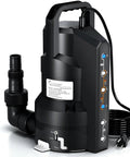 Real Workhorse Submersible Sump Pump With Six Auto Modes For Clean And Dirty Water Drains shown in black with hose attachment and power cord.