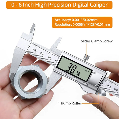 6 Inch Stainless Steel Digital Caliper With Feeler Gauge Set For Inside Outside Depth And Step Measurements, 0.001 Inch Precision, 0 to 6 Inch Range, LCD Display, Easy Read, Handy Machinist Tool For DIY Projects, measuring a metal ring