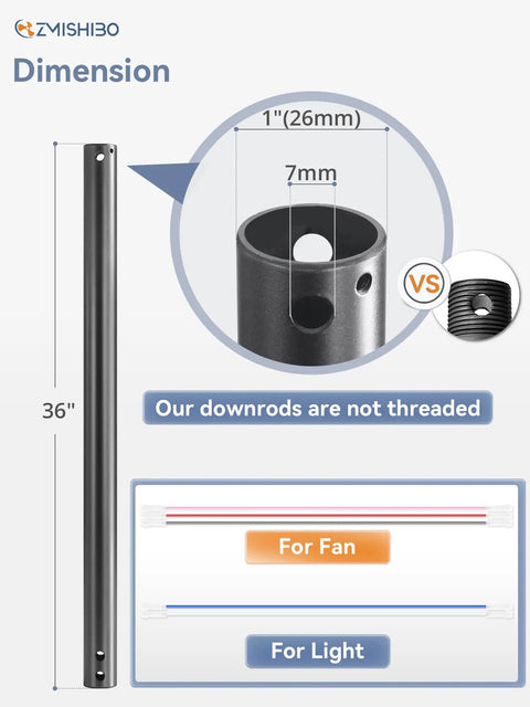 Rock Solid 36 Inch Ceiling Fan Downrod Extension Rod With Tight Coupler And Quick Wire Hookup Using 1 Inch Tubular Steel In Smooth Black Coating, measuring 1 inch diameter.
