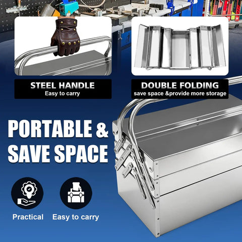Metal Cantilever Tool Box With Fold Out Trays 3 Tier 5 Tray Stainless Steel Chest Stackable Portable Organizer For Home Garage Shop Factory Or Warehouse Use Built To Last Durable Rust Resistant Steel, steel handle and folded trays