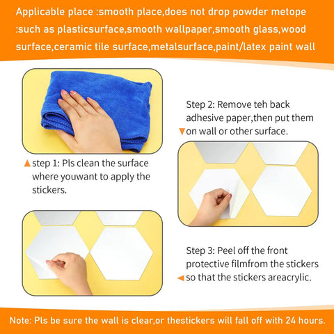 Installation guide for 24 Piece Dope Hexagon Mirror Wall Sticker Set showing three steps with images of cleaning, applying, and peeling.