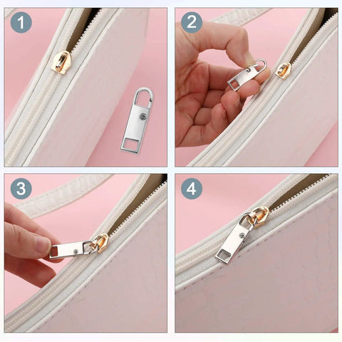 Step-by-step attaching 10 Piece Upgraded Metal Zipper Pulls Set With Detachable Tabs For Luggage, Suitcases, Backpacks, Jackets