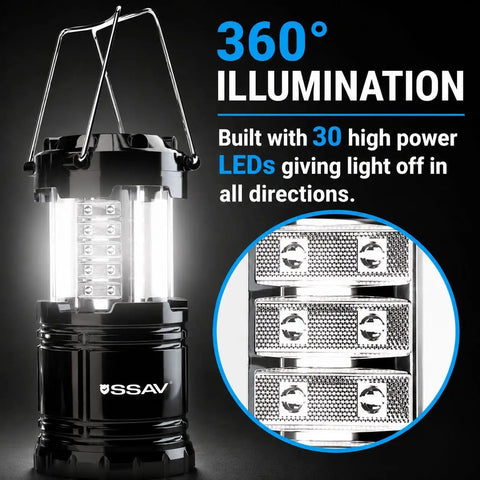 Bright LED Camping Lantern For Power Outages And Hurricane Prep, collapsible with 360-degree illumination and 30 high-power LEDs.