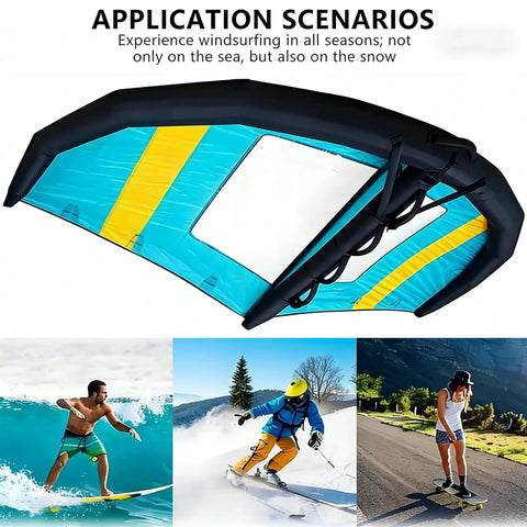 Inflatable Wind Foil Wing For Wingfoiling And Hydrofoil Boards With Handheld Sail And Repair Kit Ultra Lightweight Build Using High Tenacity Polyester Ripstop Three Size Options 4m 5m 6m For Beginners To Pros In Outdoor Water Sports shown in action on water, snow, and land.