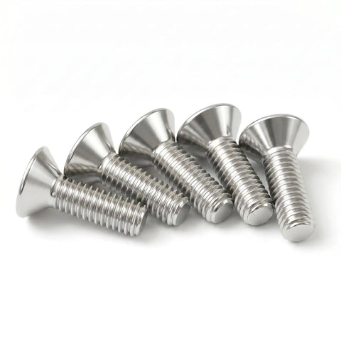 M5 X 10mm Flat Head Hex Socket Cap Screws 25 Pack Includes Allen Wrench 304 Stainless Steel, countersunk bolts, side view.