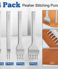 Set of four metal prong chisels for stitching leather, shown with 1/2/4/6 prongs, used for precise leather craft punching